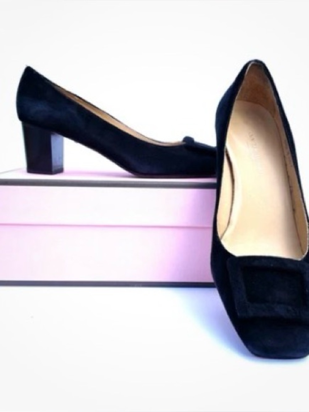 ANN MASHBURN Black Suede Square-Buckle Pumps